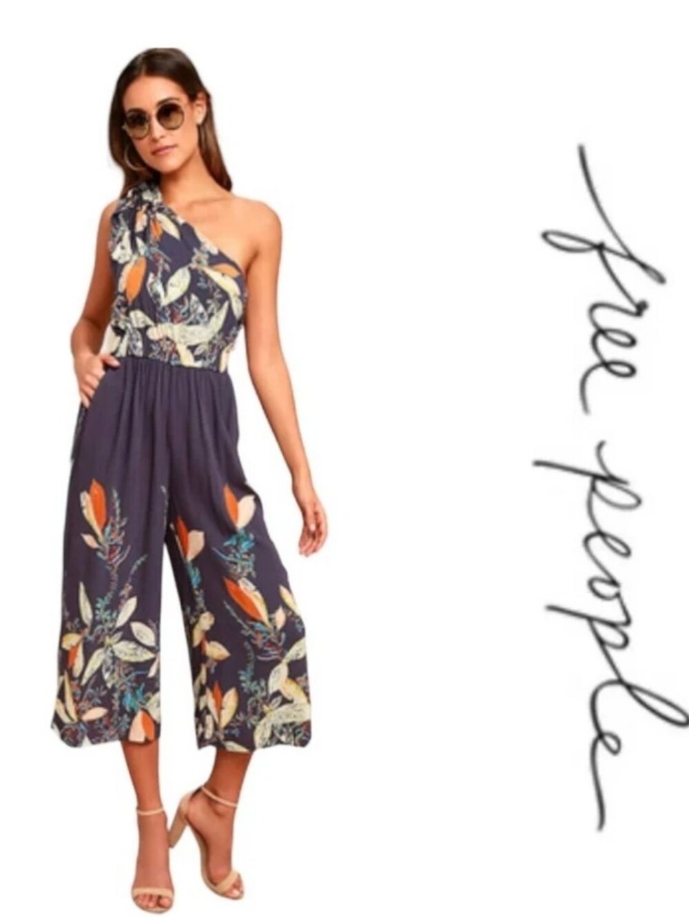 Free People Island Time Floral Blue Jumpsuit Size Medium Like New